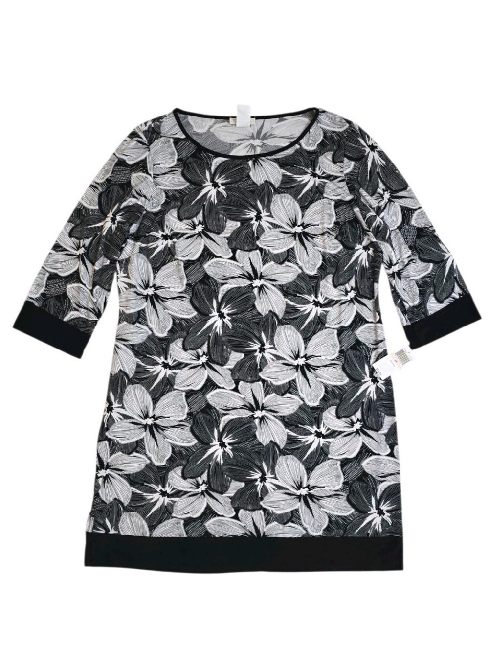 NWT Prelude 2X Shift Dress Black White Floral 3/4 Sleeve Stretchy $78 Retail